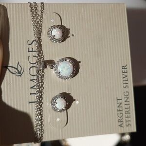 LIMOGES SOLID STERLING SILVER OPAL OCTOBER BIRTHSTONE CZ EARRINGS & NECKLACEC